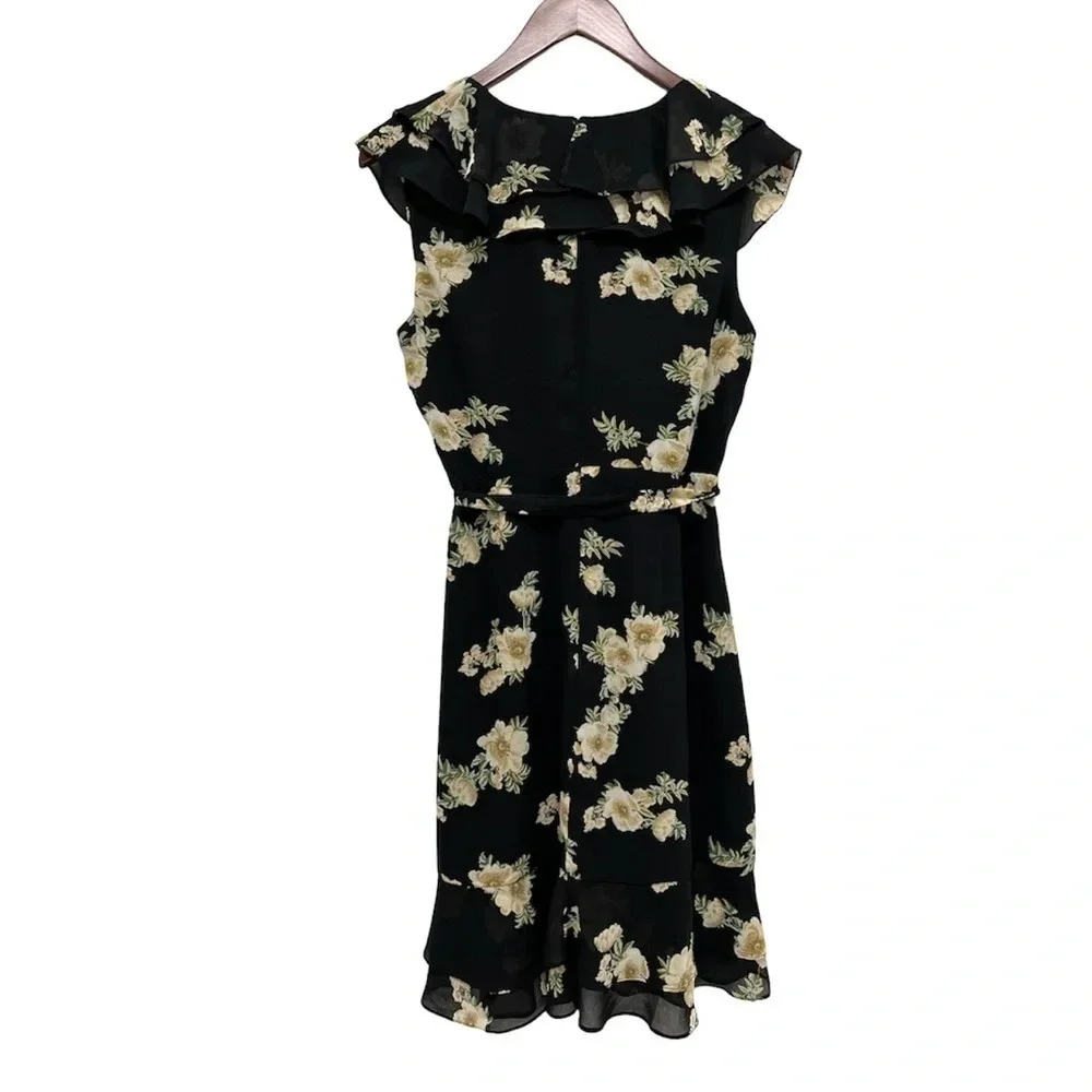 Bardot Floral Print Ruffled Faux-Wrap Cap Sleeve Dress Dark Romantic Size 6 - Picture 5 of 9